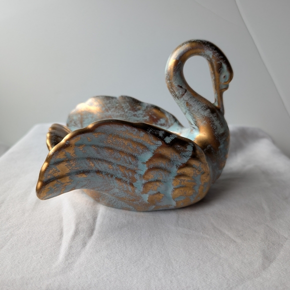 Stangl Pottery 22k Antique Gold Green Ceramic Swan Planter Vase MCM Vintage - Picture 5 of 13